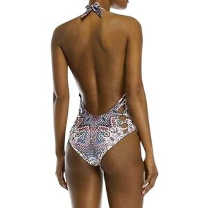 Red Carter One Piece Swimsuit Print Plunging Halter Backless Cut Out Hip Large